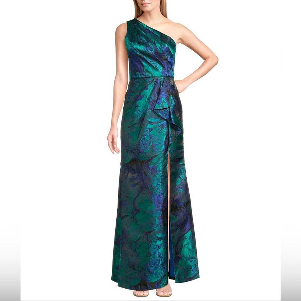 Adrianna Papell One Shoulder Jacquard Mermaid Gown Drape Detail Cobalt Green *8 - Picture 4 of 13